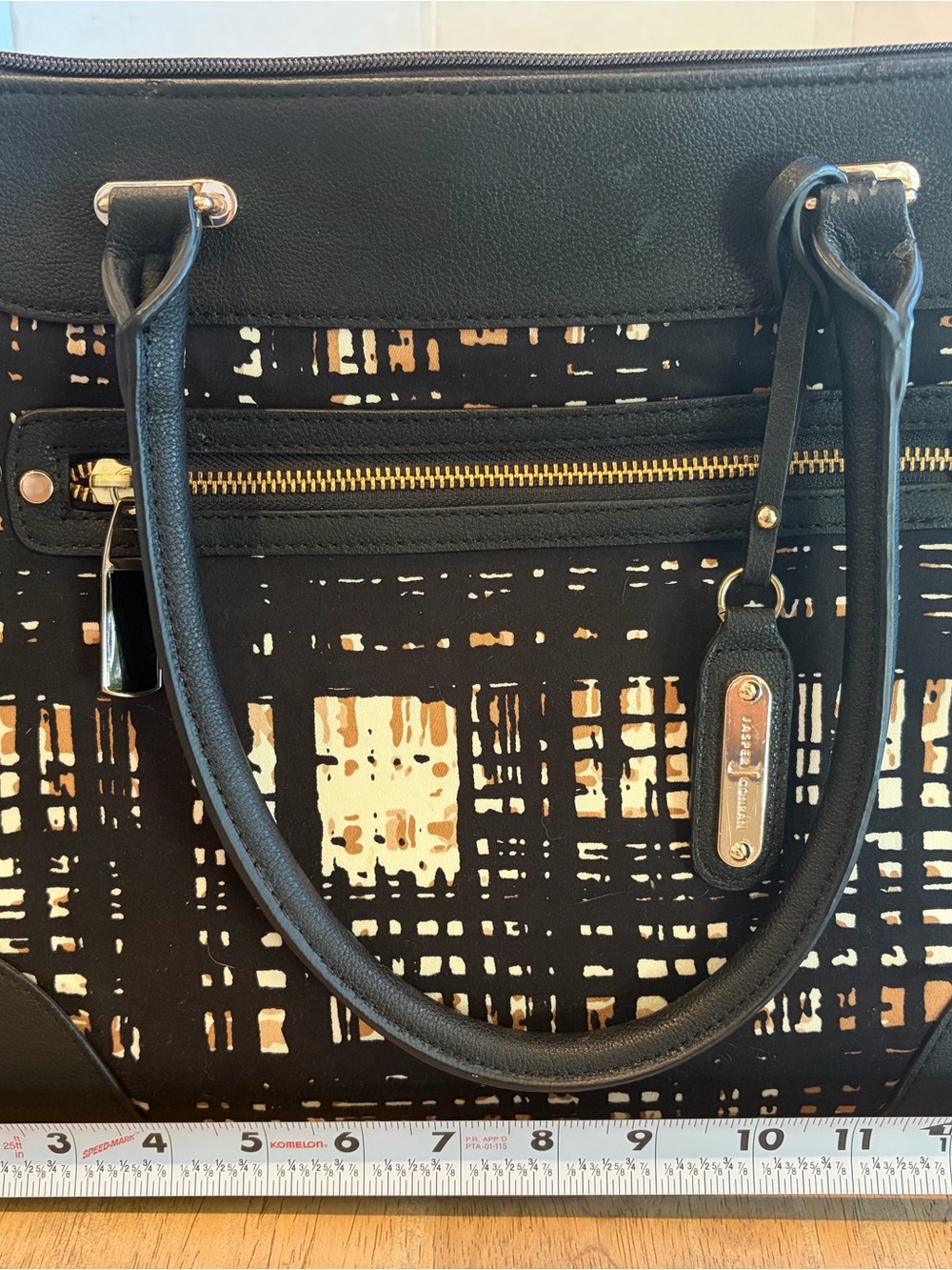 Jasper Conran, Black Tote with Beige Abstract Grid Pattern and Gold Accents